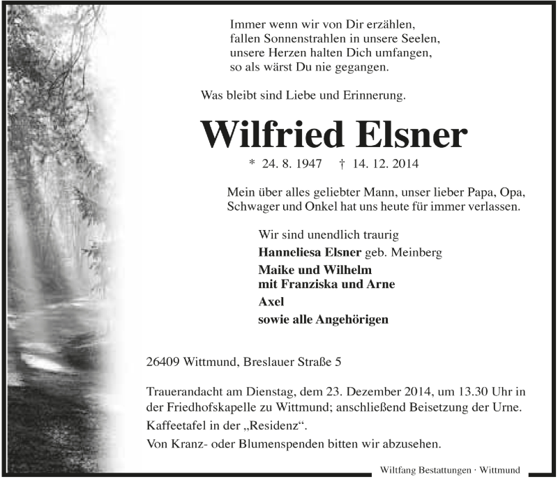  Traueranzeige für Wilfried Elsner vom 16.12.2014 aus Wilhelmshavener Zeitung